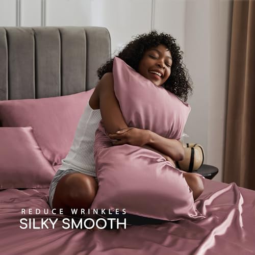 Image of MR&HM Satin Bed Sheets, King Size Sheets Set, 4 Pcs Silky Bedding Set with 15 Inches Deep Pocket for Mattress (King, Rose Taupe)