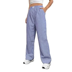 OYOANGLE Women’s Straight Wide Leg Trousers Striped Print Letter Patched Detail High Waist Y2K Fashion Pants