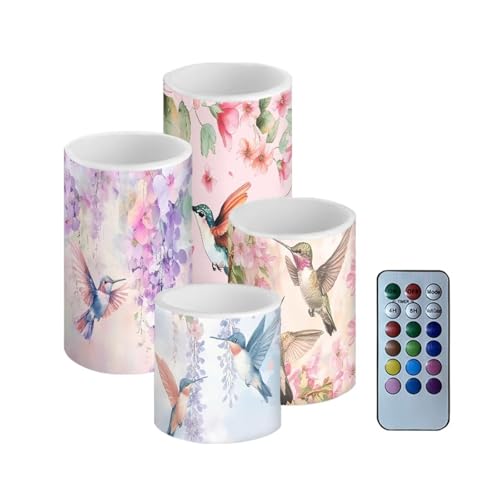Image of Watercolor Floral Hummingbird Flameless Candles Battery Powered LED Candles with Remote Timer Color Changing Control for Indoor Outdoor Home Decoration Set of 4