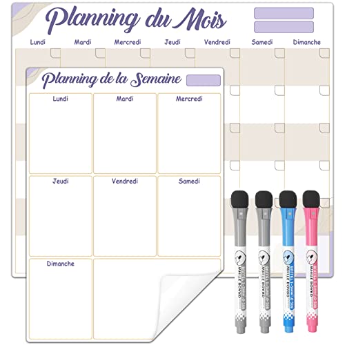 ANLIOTE Lot de 2 Tableaux Blancs Calendrier Effaçable à Sec – 1 Mensuel + 1 Semainier avec 4 Marqueurs – Adhésif Non Magnétique pour Réfrigérateur...