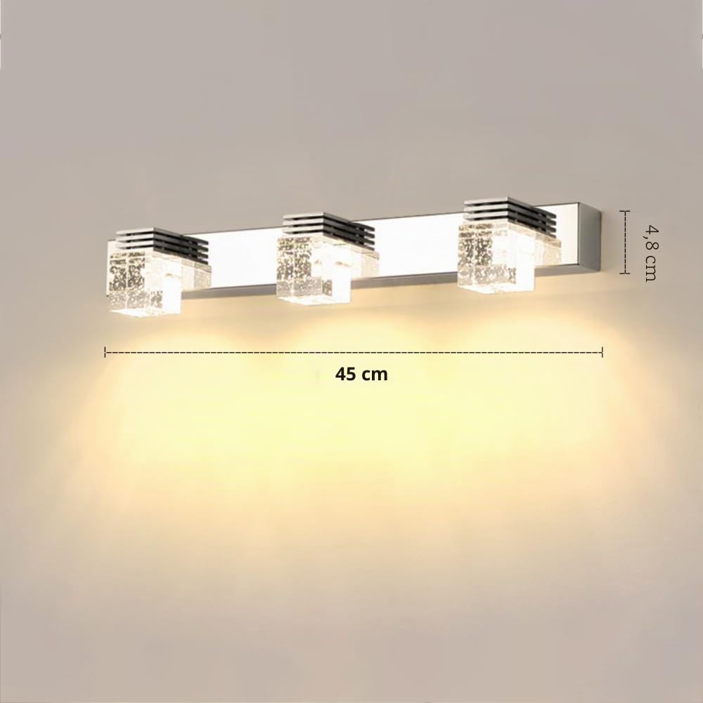 XINYASEE Lámpara de Espejo Baño Cristal Pilar LED Espejo Luces Delanteras, Cuarto de Baño Pasillo Resistente a la Humedad Luces 3000K luz cálida, 6000K luz blanca 6-12W (Luz cálida, Tres cabezas)