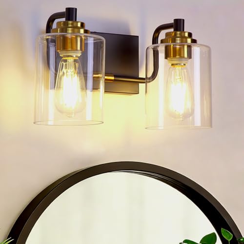 Image of Modern 2-Light Bathroom Vanity Light Fixture, Black and Gold Bathroom Light Fixtures Over Mirror with Large Clear Glass Shades, Farmhouse Wall Sconce for Bedroom Living Room, E26 Base