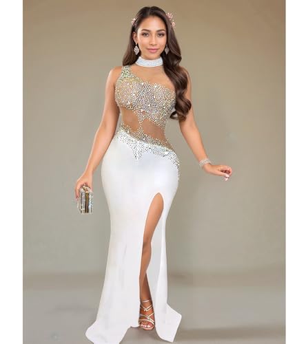 Image of Jigfar Women Sexy Elegant Rhinestone Mesh See Through Party Club Night Split Bodycon Formal Maxi Dress