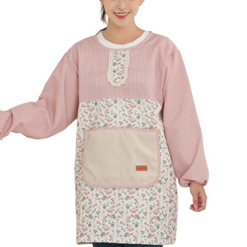 割烹着 レディース ポリ 速乾 くい 保育士 介護士 ポケット付き 袖付きエプロン Pink,One Size