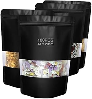 Tontistec Frosted Window Matte Black Stand Up Mylar Bags Plastic Pouch with Resealable Zipper and Tear Notch for Food Packaging (100, 8inch)