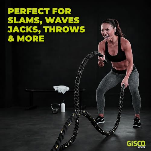 Image of GISCO Professional Polyester Battle Rope All Weather Heavy Duty1.5 inch Thick (40 Feet /12 Meter) | Wear Resistant Battle Rope for Crossfit Workout, Home Workout, Training, Exercise & Gym