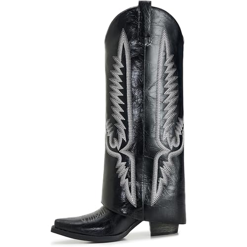 Image of Fold Over Boots for Women Pointy Pull-on Wedge Heel Knee Shark Boot With Side Zipper Padlock Design