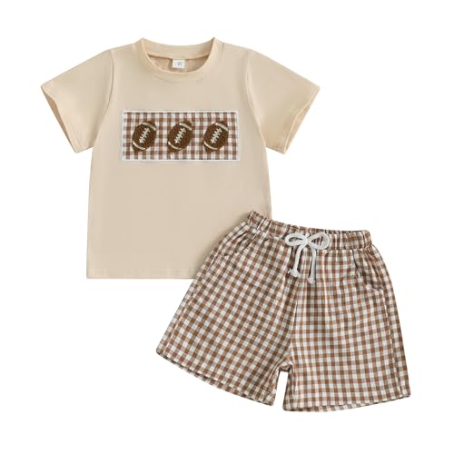 Toddler Baby Boy Football Outfit, Football Embroidery Short Sleeve T-shirt and Plaid Shorts 2Pcs Summer Clothes