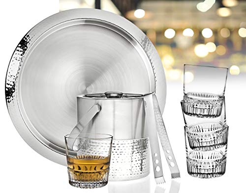 Bar Set Stainless Steel Hammered And Glass With Ice Bucket – 4 Glasses - Tong - 7 Pc Set #TOP1