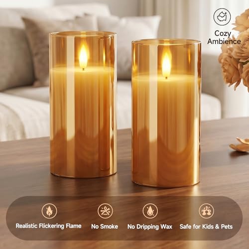 Image of Homemory Amber Glass Flameless Candles Battery Operated LED Pillar Candles with Remote and Timer, Real Wax Flickering Candles with 3D Wick, Decorative Candles Home, Wedding, Holiday Decor, Set of 2