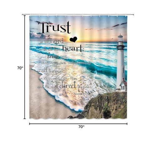 Inspirational Quote Shower Curtain Trust in The Lord with All Thine Heart Motivational Words Ocean Lighthouse Beach Nautical Coastal Scenery Fabric Bath Curtain with Hook - Image 5