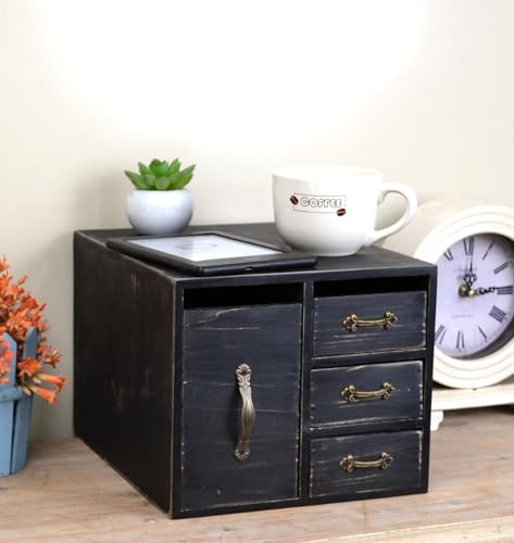 Juleduo Rustic Beauty Organizer 4 Drawers - Wooden Cosmetic Storage Box for Neat & Home Office Desk &Organize &Storing of Makeup Tools,Bathroom Counter-top(Black, L)