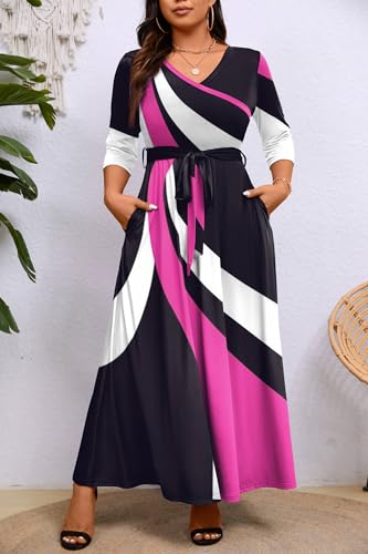 Image of Runwind Plus Size Maxi Dresses - 3 /4 Sleeve V Neck Long Dresses for Women (XL-6XL)