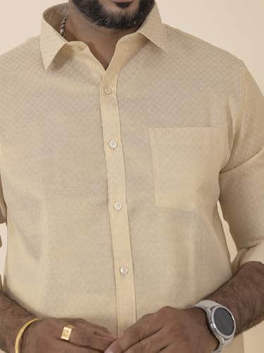 Image of RAMRAJ COTTON Men Gold Tissue Jacquard Full Sleeves Shirt with Matching Dhoti Set