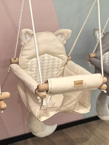 Wooden Hanging Baby Swing with Soft Safety Belt, Cozy Infant Swing Seat for Indoor & Outdoor Use, Adjustable Height, Includes Mounting Hardware – Suitable for Babies & Toddlers(Fox-Themed in Beige)