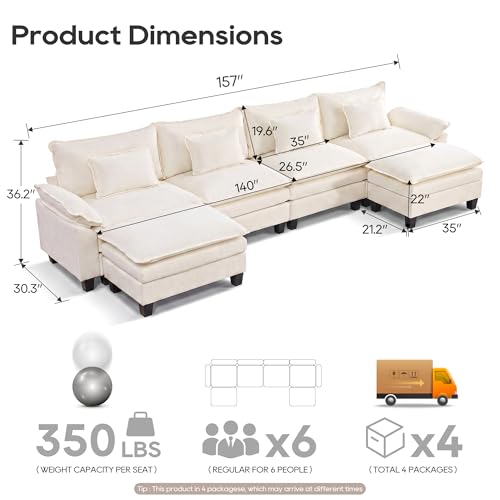 Image of URRED Oversized Modular Sectional Sofa,White:157 inch U Shaped