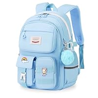 Tanou Sac à Dos Fille Collegienne, Grand Cartable 28L pour Primaire Collège et Lycée, Sac d'École Respirant et Décontracté avec Pendentif pour Adolescentes 10+ Ans, Bleu