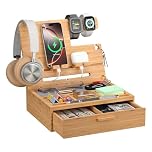 Pezin & Hulin Bamboo Phone Docking Station with Drawer, Foldable Nightstand Charging Organizer for Men and Women (Natural)