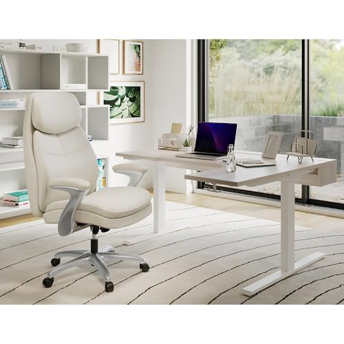 Realspace® Everton Ergonomic Vegan Leather High-Back Executive Chair with Flip-Up Armrests, Beige/Silver, BIFMA Compliant - Thumbnail 5