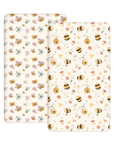 Image of Pack and Play Sheets 2 Pack, Fitted Jersey Knit Mini Crib Sheets for Baby Boys and Girls, Compatible with Graco Pack N Play and Mini Crib Mattress (Bee Happy, Pack N Play /Mini Crib Sheets)