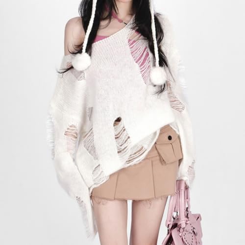 Women's Grunge Off Shoulder Sweater - Ripped Distressed Punk Knitted Pullover, Oversized Slouchy Long Sleeve Top4