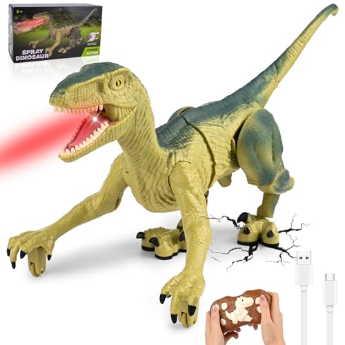 GuKKK Dinosaure Télécommandé Vélociraptor Réaliste, Jouet Dinosaure Telecommandé Enfant, avec Son et lumière, Marche,Rugit, Twist, Cadeau d'anniversaire de 3-12 Ans Garçons (Vert)