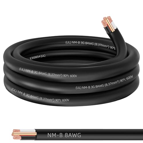 15ft NM-B 8/3 Wire with Ground 8/3 8 Gauge 3 Conductor Wire 8-3 Copper 8 AWG Non-Metallic Sheathed 8/3 NM-B W/G Cable Stranded Indoor Residential Electrical Wiring for Branch Circuit Switches&Outlets