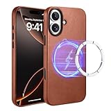 iPhone 17 用 本革スマホケース Mag-Safe対応 奢華で上質なデザイン 金属ボタン フルカバー 薄型 軽量 耐衝撃 指紋防止 滑り止め カメラ保護 スマホカバー(ブラウン)
