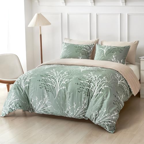 Image of Lekesky Green Duvet Cover King Size, Reversible Floral King Comforter Cover with Branch Pattern, Soft 100% Washed Microfiber 3 Pieces Green Bedding Set with Zipper and 2 Pillowcases 20 inchx36 inch