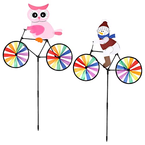 2Packs Pinwheels for Kids, Snowman and Owl Bicycle Pinwheels for Yard and Garden, Animal Bike Riding Windmill Décor, Outdoor Wind Spinners Windmill...