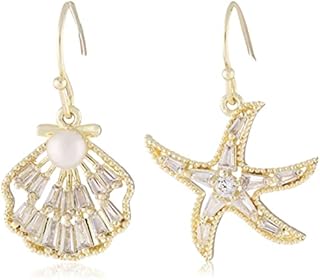 Amazon Brand-Amazon Collection Sea star Starfish and Shell with Natural Freshwater Pearl and Zircon, 14K Gold Plating Dangle Earrings for Women Girl Gifts Valentines Birthday Anniversary Mothers Day