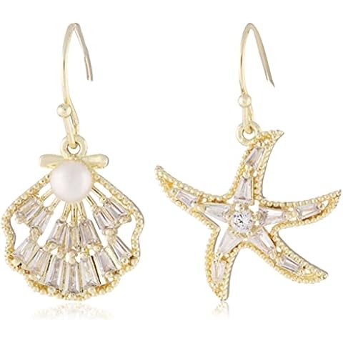 Pendientes con forma de estrella de mar y concha con perla de agua dulce natural y circonita Cover