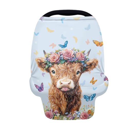 Image of Wanyint Highland Cow Butterfly Blue Infant Car Seat Cover, Baby Carseat Scarf Stretchy Nursing Scarf Car Seat Canopy Breathable Nursing Cover for Boys Girls