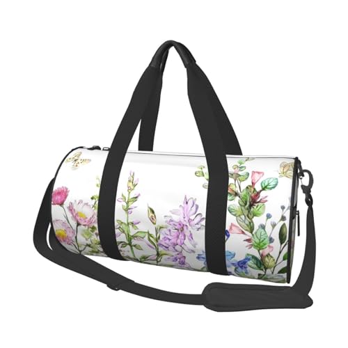 男女兼用 大容量 ボストンバッグ かわいい漫画 トート 筒型 スポーツ フィットネスバッグ 水彩画 花 野菊 花畑 蝶 フィットネスバッグ 旅行 ビジネス メッセンジャー