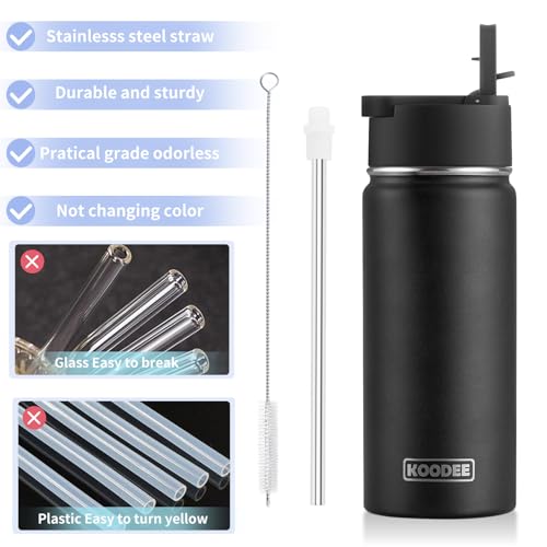 Image of Koodee Water Bottle for Boy 16 oz Stainless Steel Vacuum Insulated Wide Mouth Sports Water Bottle with Straw Lid-Reusable Metal Water Flask BPA Free (Black)