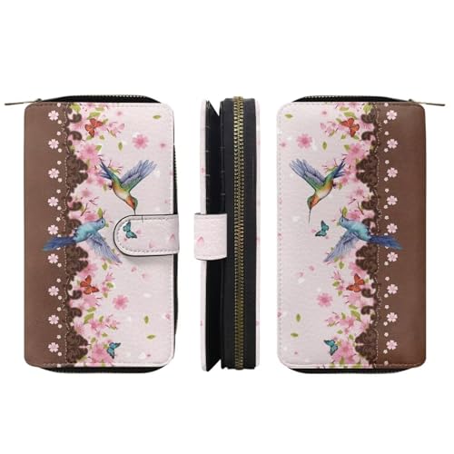 Image of COEQINE Ladies Wallets Pink Leopard Heart Black Printed Leather Phone Long Clutch Purses Check Coin Change Holder