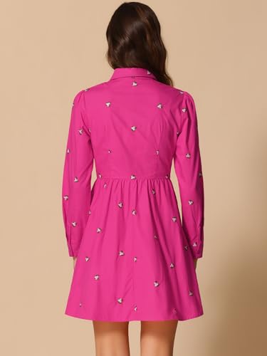 Image of Allegra K Women's Shirt Dress A Line Embroidered Floral Mini Dresses | Casual, Collar, Long Sleeve, Button Down, Half Placket, Invisible Zipper, Knee Length