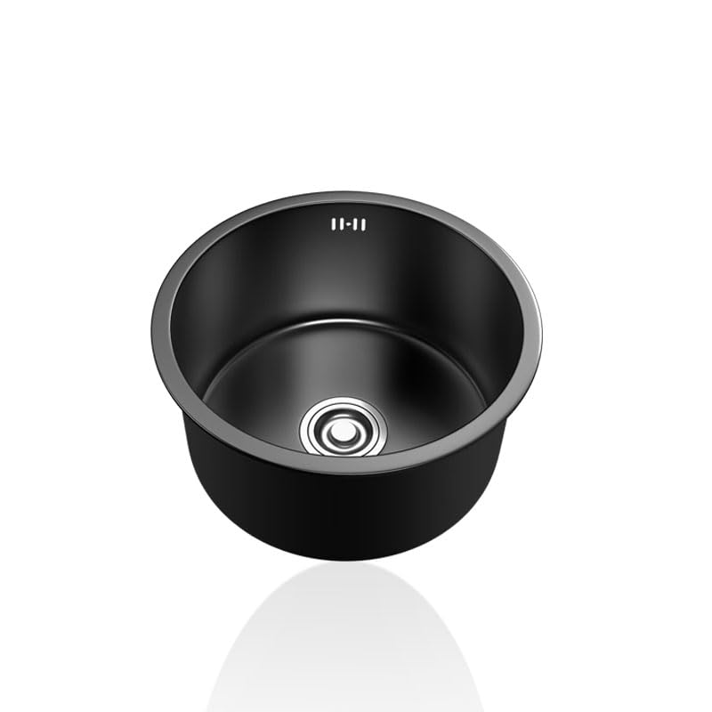 Fregadero Cocina 1 Seno,Pileta de Cocina Negro Redondo,Lavadero Inox PequeñO con Drenaje,Formas de Instalar Sobre Encimera/Bajo Encimera (Ø 25cm)