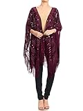 Anna-Kaci Womens Oversize Hand Beaded Fringed Sequin Evening Shawl Wrap, Burgundy, Onesize