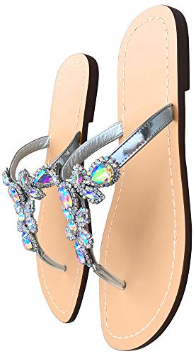 Hinyyrin Women's Summer Rhinestone Bling Wedding Sandals,Glitter Jeweled Sandals,Dressy Flat Sandals,Beach Flip-Flops, Size 6 Silver #TOP4