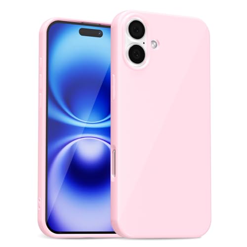 uvcoat for iPhone 16 Case Silicone, Glossy Cute Jelly Soft Rubber Gel Protective Plastic Phone Case, Thin Ultra Slim Plain Solid Color Cover for Women, Light Pink