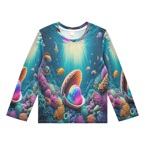 Coral Reef Fishes Pearls Teal Boy's Rash Guard Swim Shirt Long Sleeve Sun Shirt for Swimming Pool Beach UPF50+ 4T