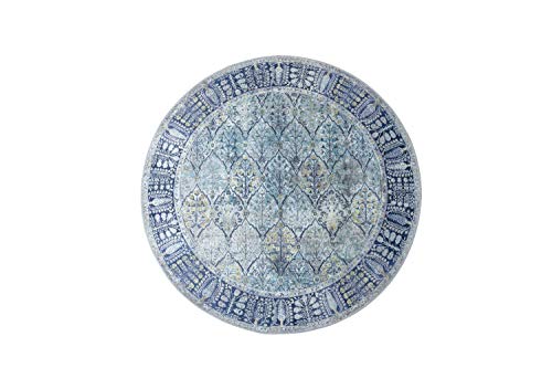 Softwoven Rugs, 5' Round Machine Washable Rug, 90% Cotton, Non-Slip, Family & Pet Friendly, Stain Resistant, Non-Shed, Traditional Vintage Area Rug For Living Room, Hallway - Navy And Lt.blue #TOP10