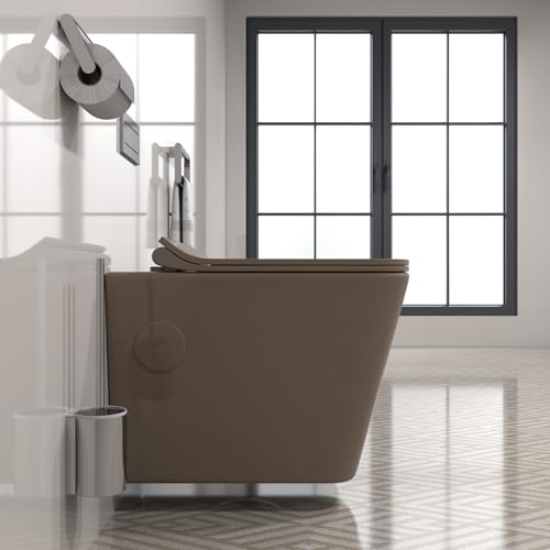 Image of B Backline Rimless Wall Hung Western Toilet Commode | Wall Mounted Water Closet with Soft Close Seat Cover | P Trap Outlet from Wall | Commode for Bathroom (Brown Glossy, 52 x 35 x 36 cm)