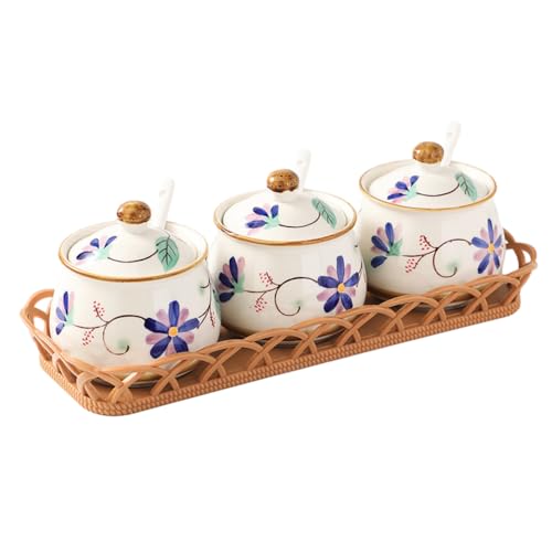 YMYL Ceramic Salt Sugar Bowls Set, Set of 3 Condiment Pots Seasoning Jar Spice Container with Lid Spoon and Tray for Home Kitchen Counter, Dishwasher Safe (Purple)