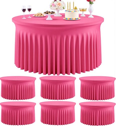Outpain 6 Pack Spandex Hot Pink Round Tablecloths for 60in Tables, 120Inch Stretchy Fitted 5FT Round Table Clothes,Wrinkle Free Table Cover with Skirt for Wedding Party Dining Banquet by Outpain - Used condition - US$64.22