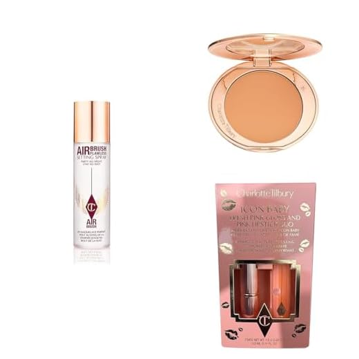 Charlotte Tilbury Makeup Set: Airbrush Flawless Setting Spray 100ml, Airbrush Flawless Finish Setting Powder in 3 Tan & Icon Baby Pink Lipstick & Lip Lustre Duo