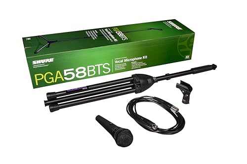 Shure Zestaw wydajności scenicznej z dynamicznym podręcznym podręcznym mikrofonem wokalnym PGA58, kablem XLR i stojakiem na mikrofon - odpowiedni na scenę lub studio (PGA58BTS)
