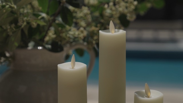Image of Luminara Outdoor Slim Pillar Flameless LED Candle, Ivory 2 inch x 4.5 inch, Moving Flame Weather Resistant Timer Ready Battery Operated Safe Melted Edge (Pack of 3)