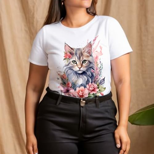 Image of Cotton Half Sleeve White Tshirt for Women, Round Neck, Flower Cat